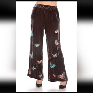 Johnny Was Los Angeles Luciana Brown Velvet Wide-Leg Pants with Butterflies XXL
